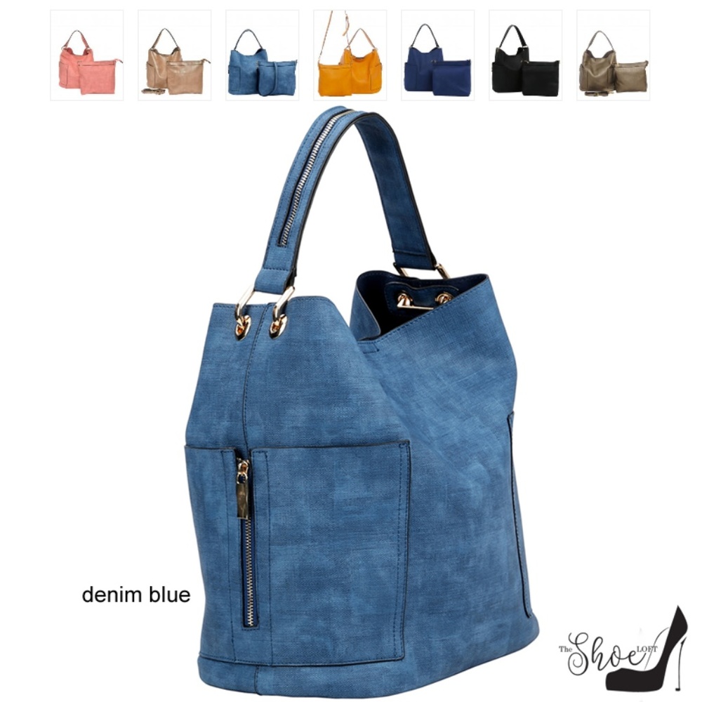 Large Vegan Leather Bucket SET w Side Zip Pockets